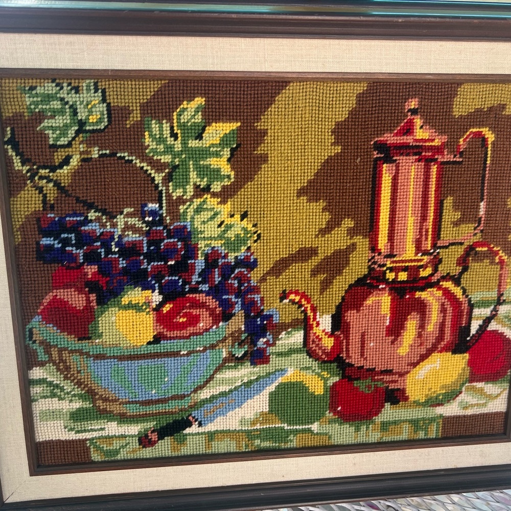 Vintage Colorful Fruit Basket and Coffee Pot Needlepoint